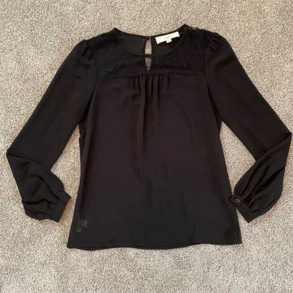 LOFT Tops - LOFT Black Long Sleeve Lace Yoke Long Sleeve Popover Blouse